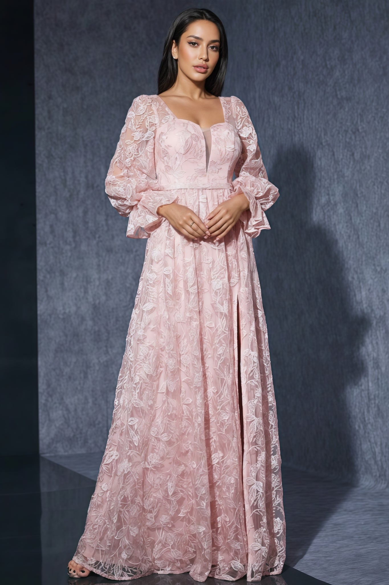 Zaria Pink Lace High Slit Maxi Dress