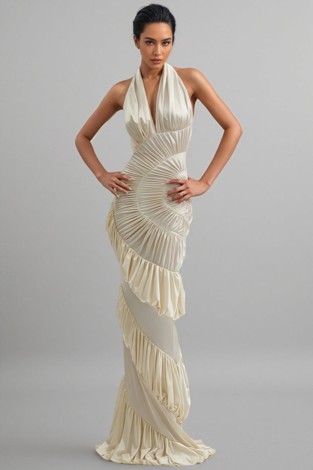 Qearl Halterneck Shirred Maxi Dress