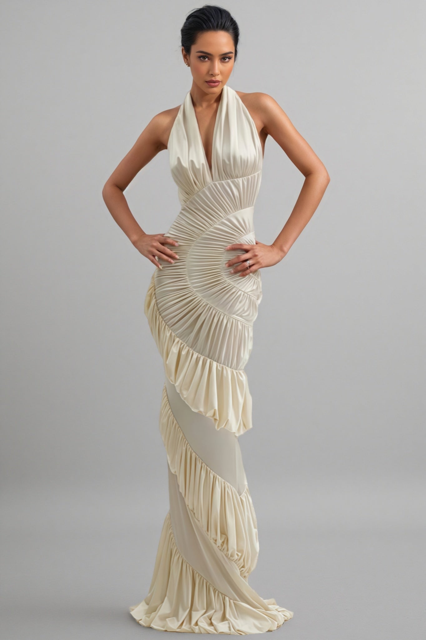 Qearl Halterneck Shirred Maxi Dress