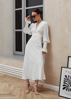 Deep V Neck Puff Sleeve Button Detail Structured Waist Midi Dress