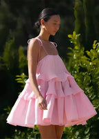 Square Neck Tie Shoulder Three Tier Ruffle Babydoll Mini Dress