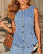 Button Sleeveless Vest Wide-Leg Jeans Set