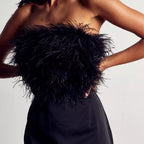 Feather Strapless Bandeau Asymmetric Hem Bodycon Mini Dress