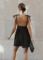 Spaghetti Strap Tie Shoulder V-Neck A-Line Linen Mini Dress