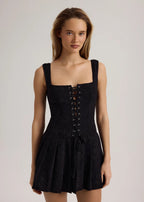 Floral Jacquard Lace Up Corset Bodice Pleated Mini Dress