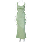 Satin Cowl Neck Spaghetti Strap Ruffle Strap Backless Maxi Dress