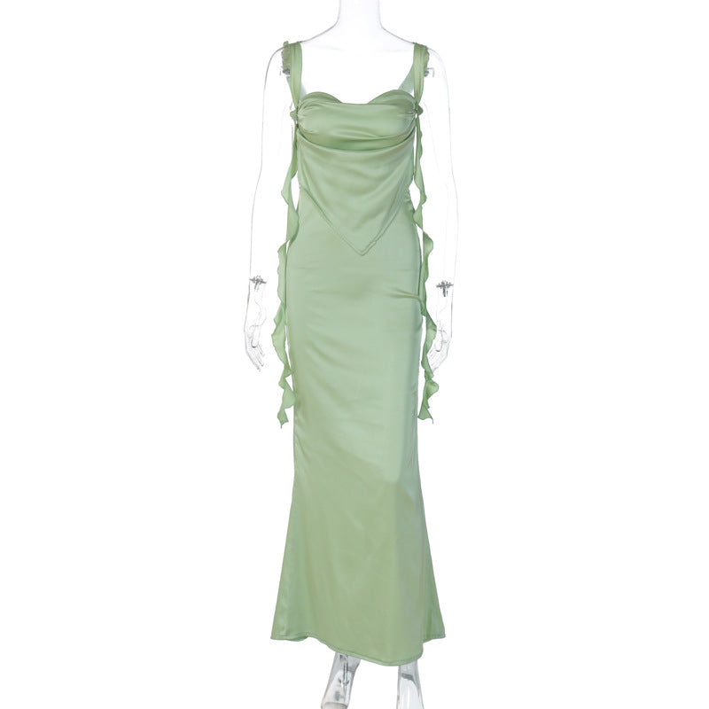 Satin Cowl Neck Spaghetti Strap Ruffle Strap Backless Maxi Dress