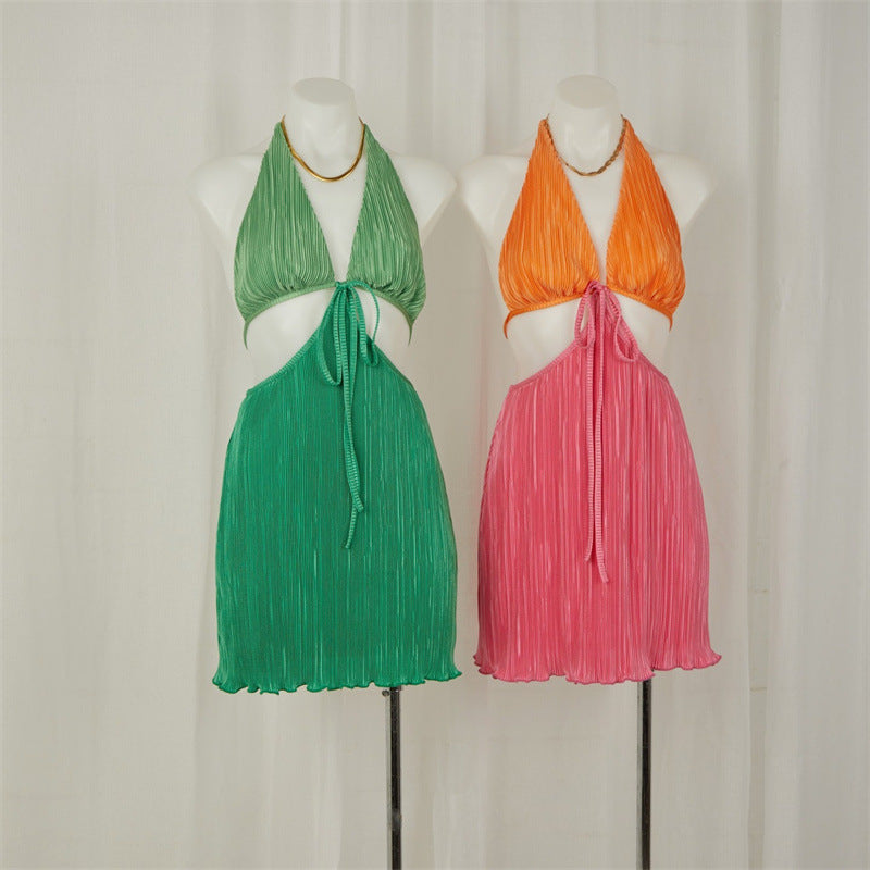 Pleated Halter Deep V-Neck Lace Up Cut Out Waist Mini Dress