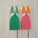 Pleated Halter Deep V-Neck Lace Up Cut Out Waist Mini Dress
