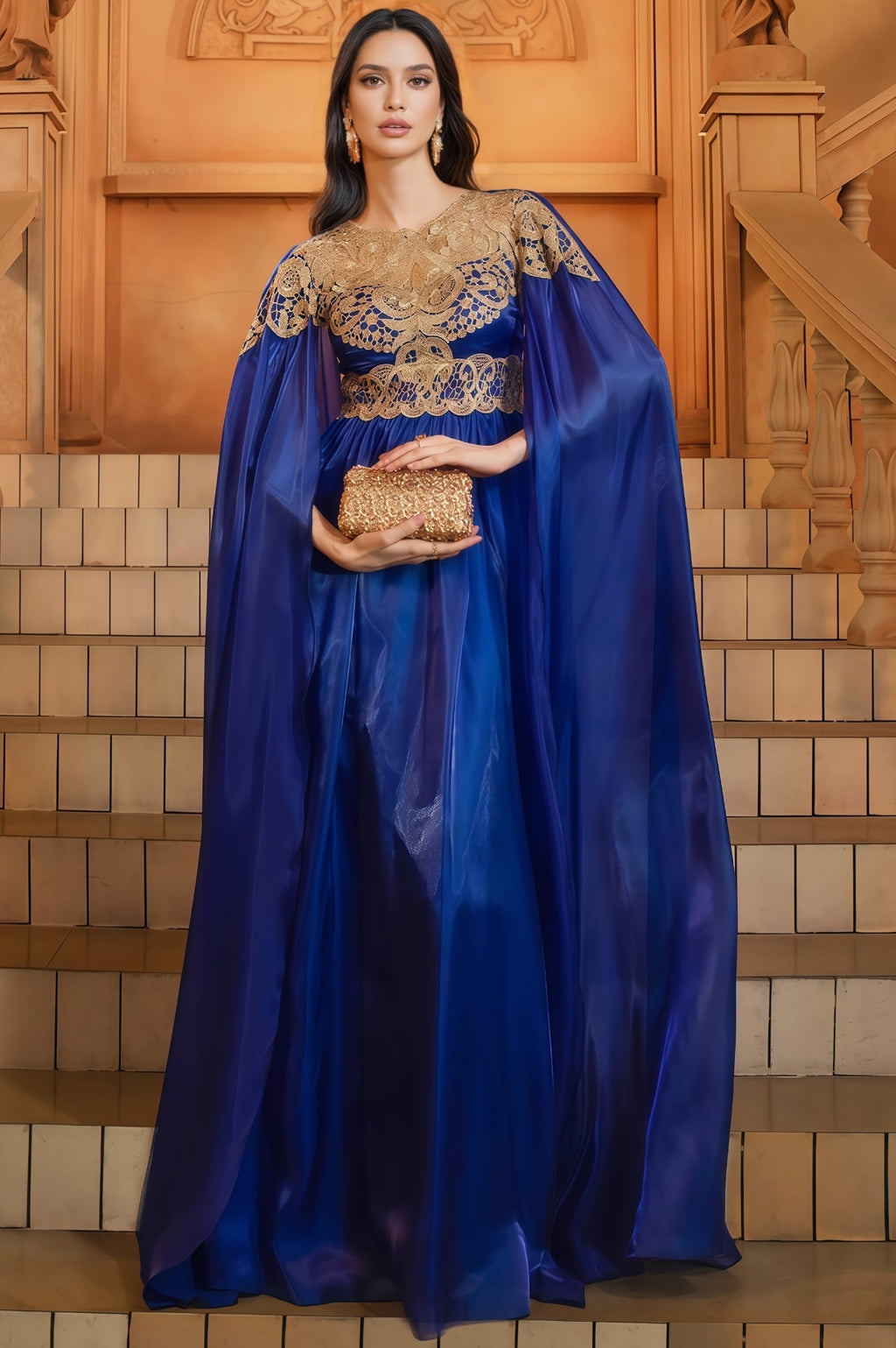 Joren Blue Long Sleeve Round Neck Maxi Dress