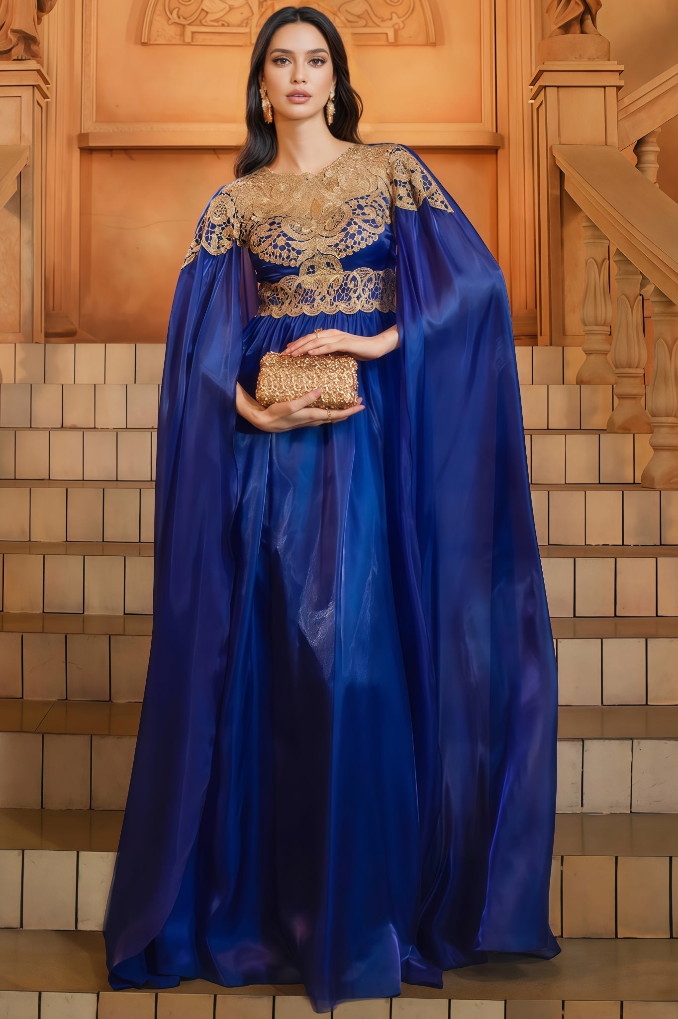 Joren Blue Long Sleeve Round Neck Maxi Dress
