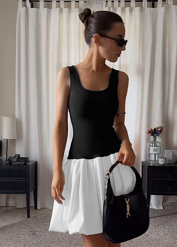 Contrast Two-Tone Scoop Neck Bubble Hem Mini Dress