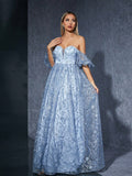Off Shoulder Mesh Embroidered Evening Dress Ball Cocktail