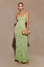 Metallic Knit 3D Floral Appliqué Spaghetti Strap Maxi Dress
