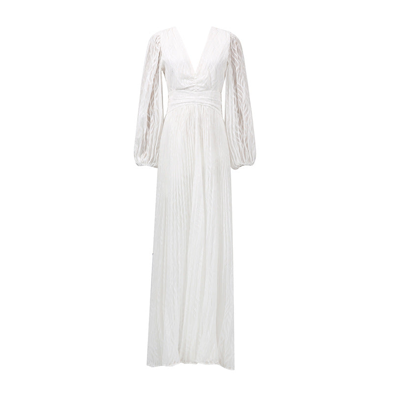 Deep V-Neck Puff Sleeve Pleated Waist Plissé Maxi Dress