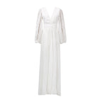 Deep V-Neck Puff Sleeve Pleated Waist Plissé Maxi Dress