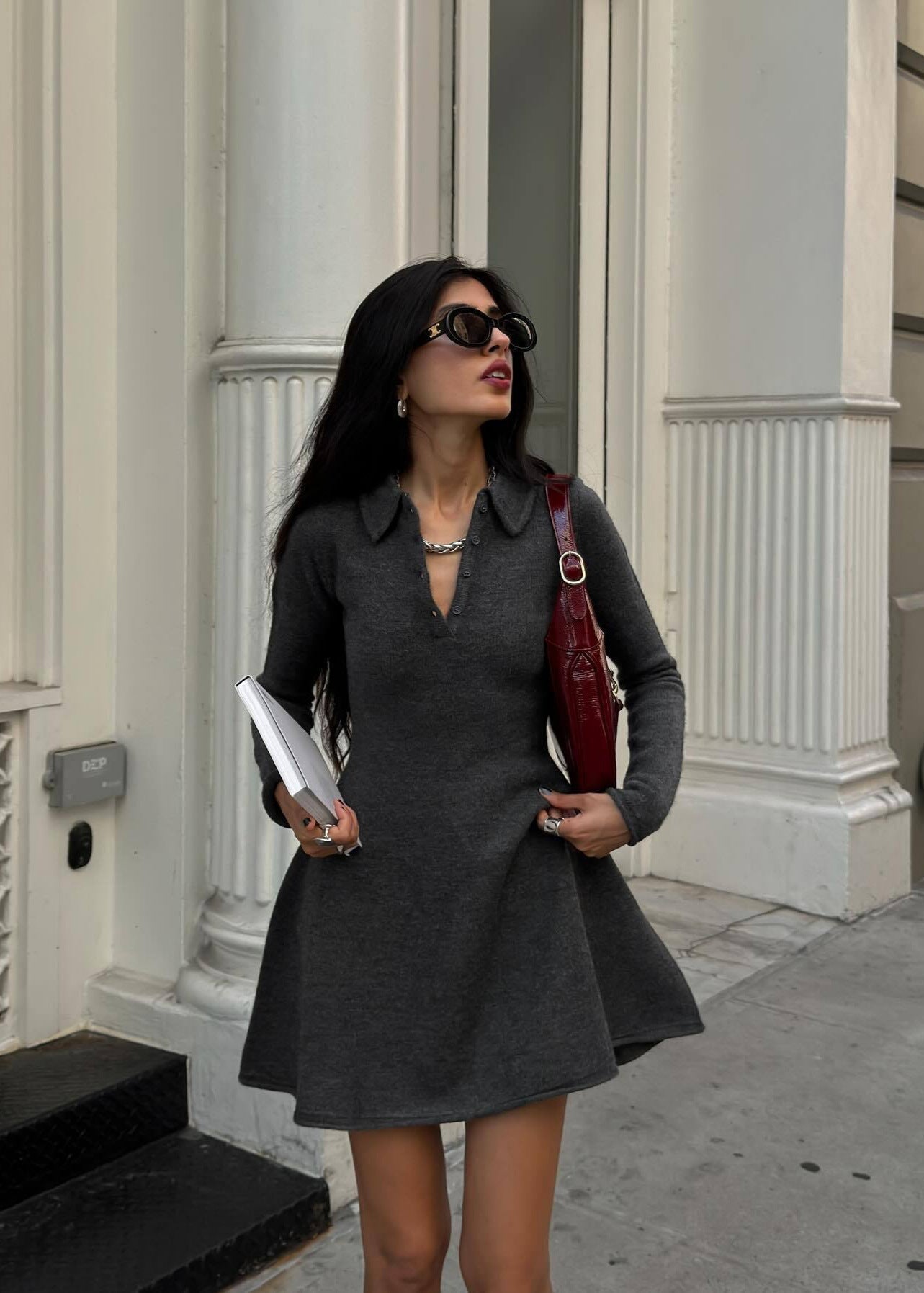 Rib Knit Polo Collar Button Placket Fit and Flare Mini Dress