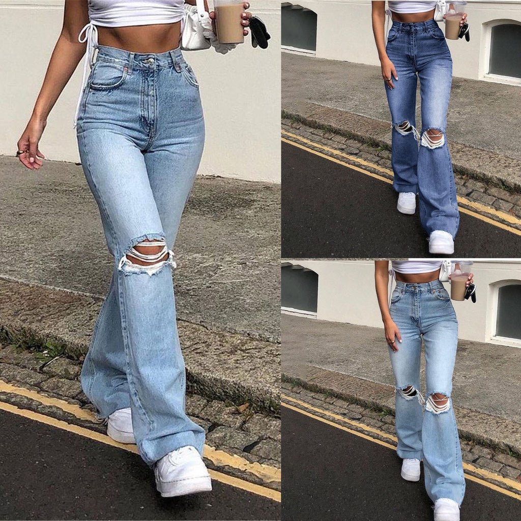 Stretch Slim Knee Hole Bell-Bottom Pants