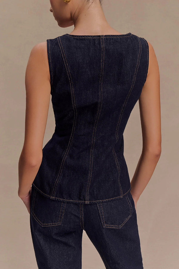 Stassi Denim Square Neck Unique Button Up Princess Seams Vest Top