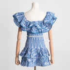 Summer French Wooden Ear Short Top High Waist Cake Layer Skirt Sexy Two Piece Suit Suit