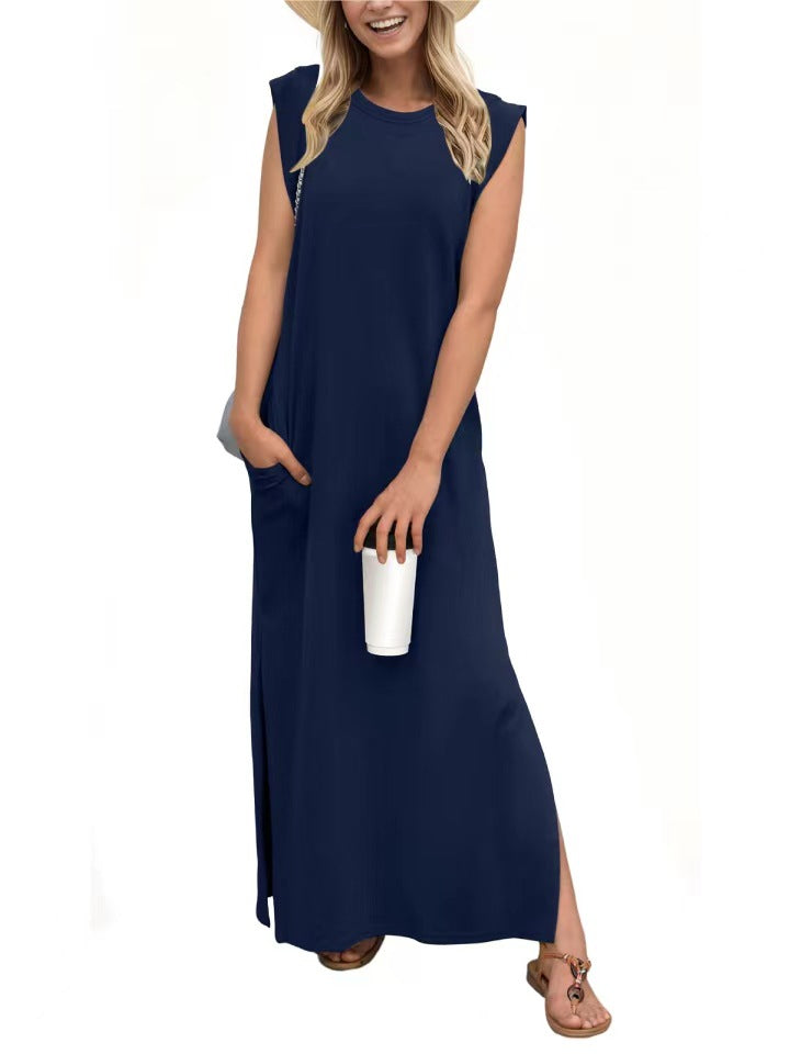 Crew Neck Muscle Tank Sleeveless Relaxed Shift Maxi Dress
