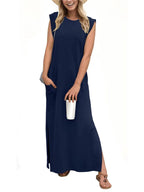 Crew Neck Muscle Tank Sleeveless Relaxed Shift Maxi Dress