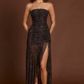 Strapless Snakeskin Print Ruched Side Slit Mesh Overlay Maxi Dress