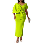 Oversized Bow Asymmetric V-Neck Short Sleeve Bodycon Midi Dress