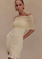 Off Shoulder Ruched Mesh Overlay Ruffle Hem Bodycon Mini Dress