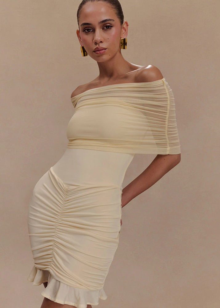 Off Shoulder Ruched Mesh Overlay Ruffle Hem Bodycon Mini Dress