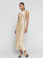 Cowl Neck Satin Bias Cut Sleeveless Column Maxi Dress