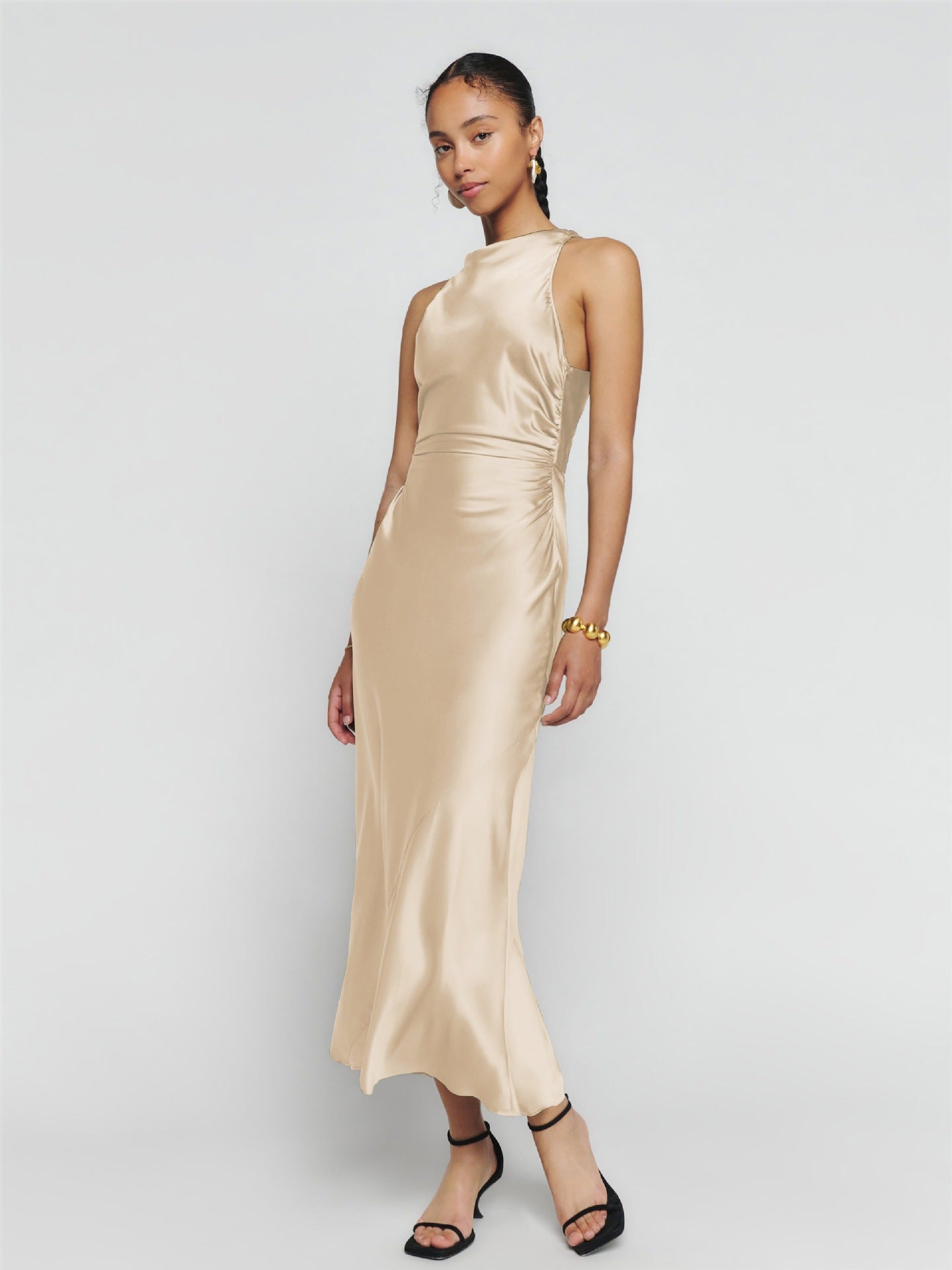 Cowl Neck Satin Bias Cut Sleeveless Column Maxi Dress