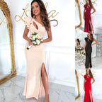 Yoselin Luxe Women's Asymmetric Maxi Dress with Side Slit and Ruffle Detail Chic Silhouette Collection