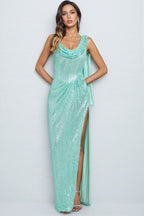 Nerissa Sequin Pressed Pleated Split Maxi Dress