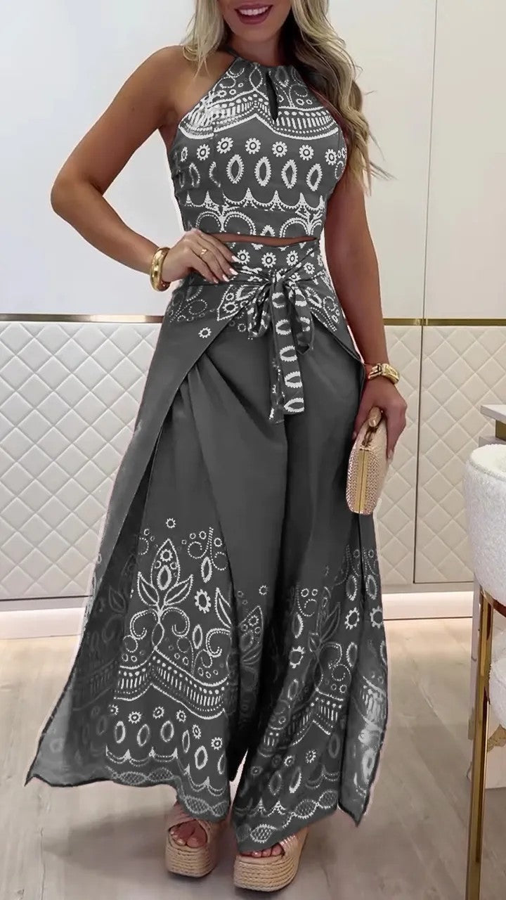 Boho Halter Top & Wide Leg Pants Two Piece Sets