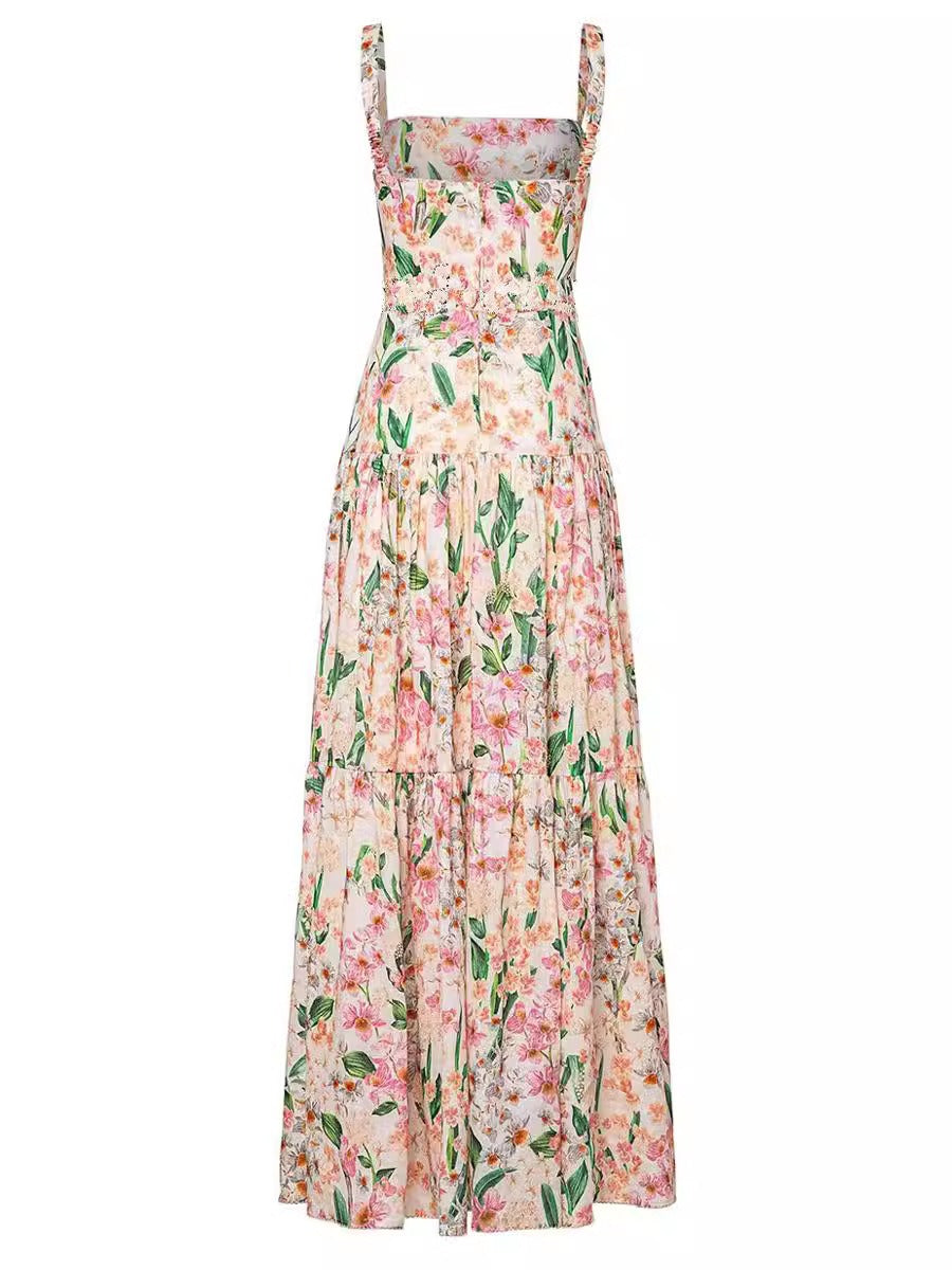 Square Neck Wide Strap Tiered Floral Print A-Line Maxi Dress