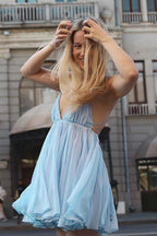 Halter Neck Deep V Neck Pleated Babydoll Mini Dress