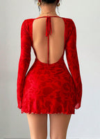 Floral Burnout Open Back Flare Sleeve Bodycon Mini Dress