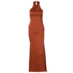Satin Twist Front Halter Neck Bodycon Maxi Cocktail Dress