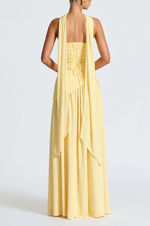 Elegant Off Shopulder Chiffon Pleated Hem Scarf Slit Maxi Dress