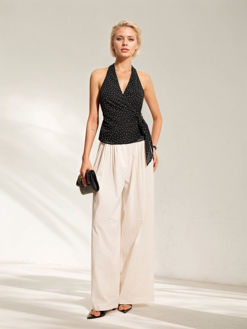 Polka Dot Sleeveless Halter Neck Tie Waist Tank Top