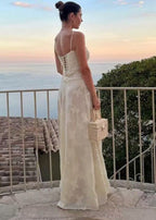 Floral Applique Spaghetti Strap Square Neck Corset Seam Maxi Dress