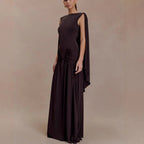 Boat Neck Cape Back Dropped Waist Ruched Gathered Maxi Gown