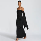 Strapless Ruched Off Shoulder Sash Detail Column Maxi Dress
