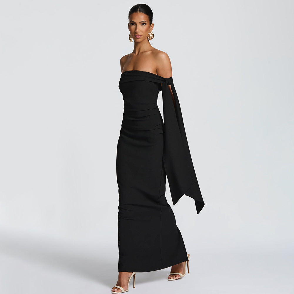 Strapless Ruched Off Shoulder Sash Detail Column Maxi Dress