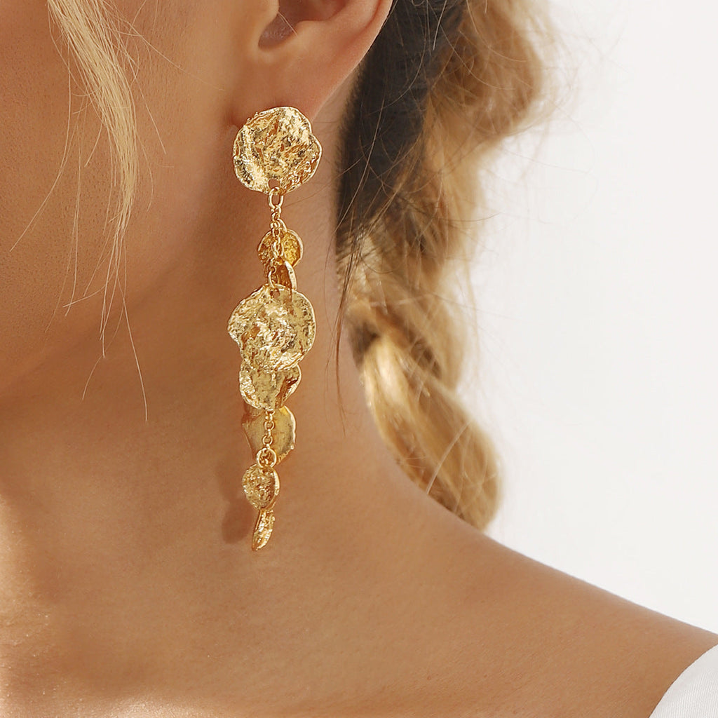 Long Round Pendant Metallic Earrings