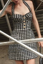 Mila Check Bouclé-tweed Fabric Halter Sweetheart Neck Gold Button Pocketed Mini Dress