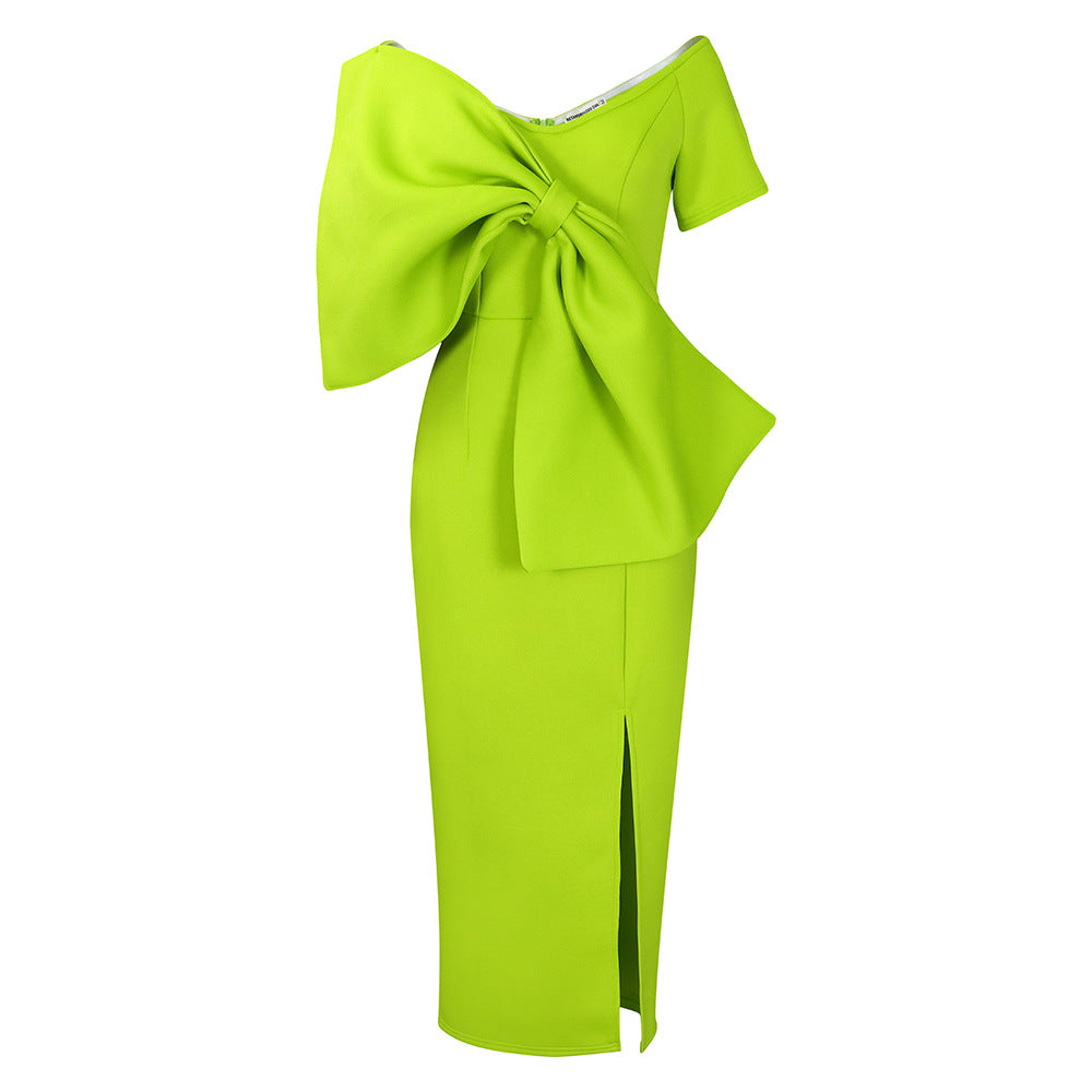 Oversized Bow Asymmetric V-Neck Short Sleeve Bodycon Midi Dress