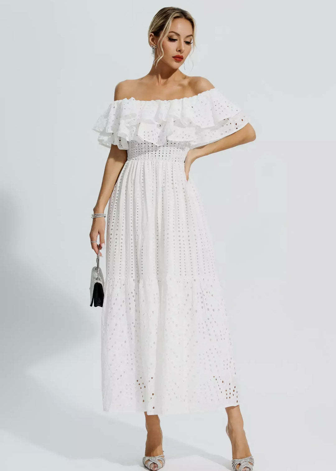 Eyelet Lace Off Shoulder Smocked Tiered Ruffle Maxi Dress