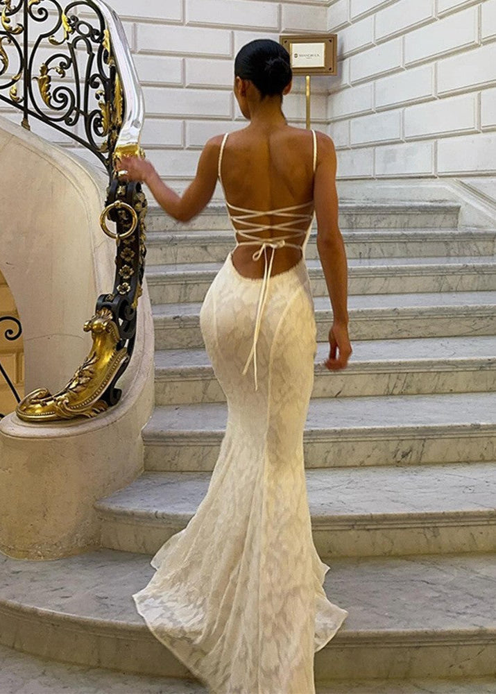 Spaghetti Strap Lace Overlay Mermaid Maxi Dress